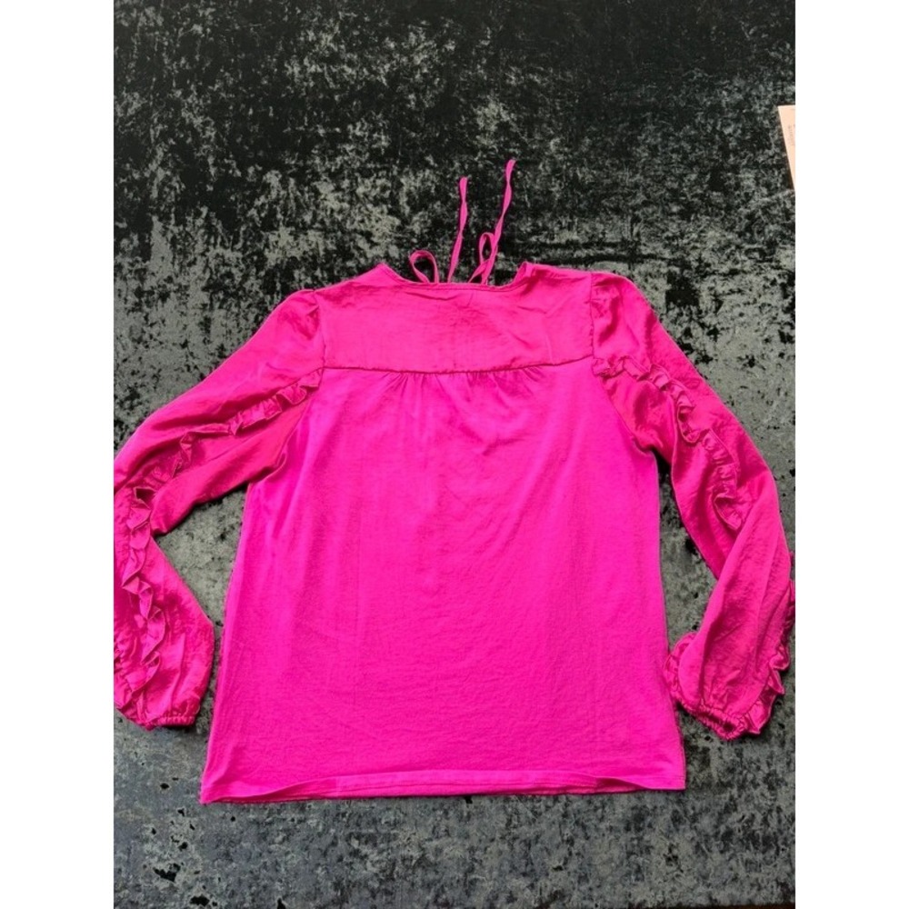 LOFT Women's XS Hot Pink Ruffle Sleeve Tie Neck Keyhole Blouse Long Sleeve - Picture 10 of 10
